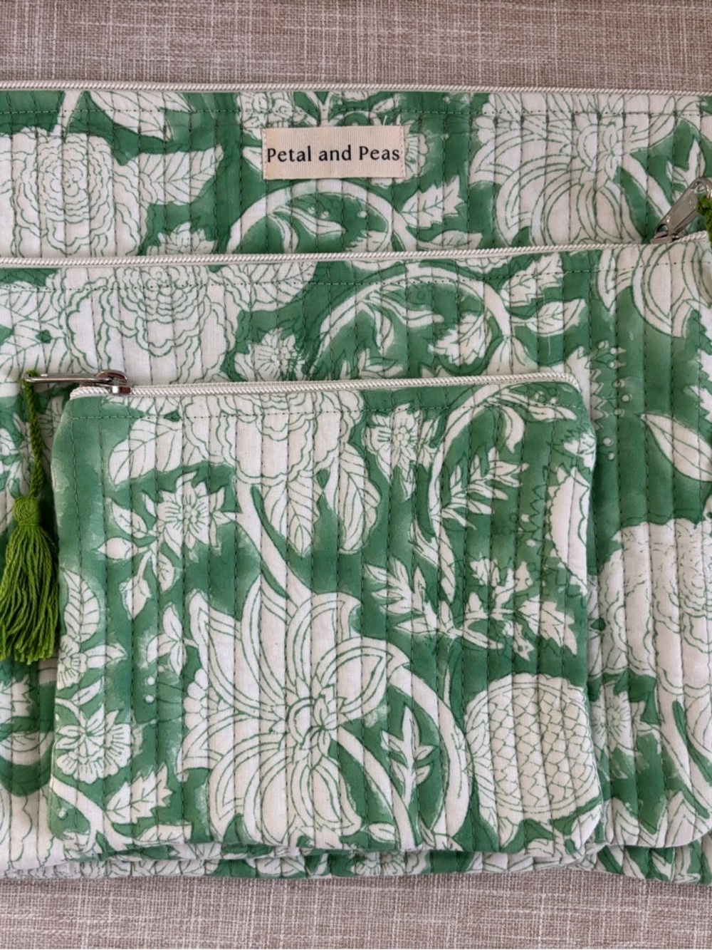 Petal and Peas Green Floral Quilted Cosmetic Pouch Set